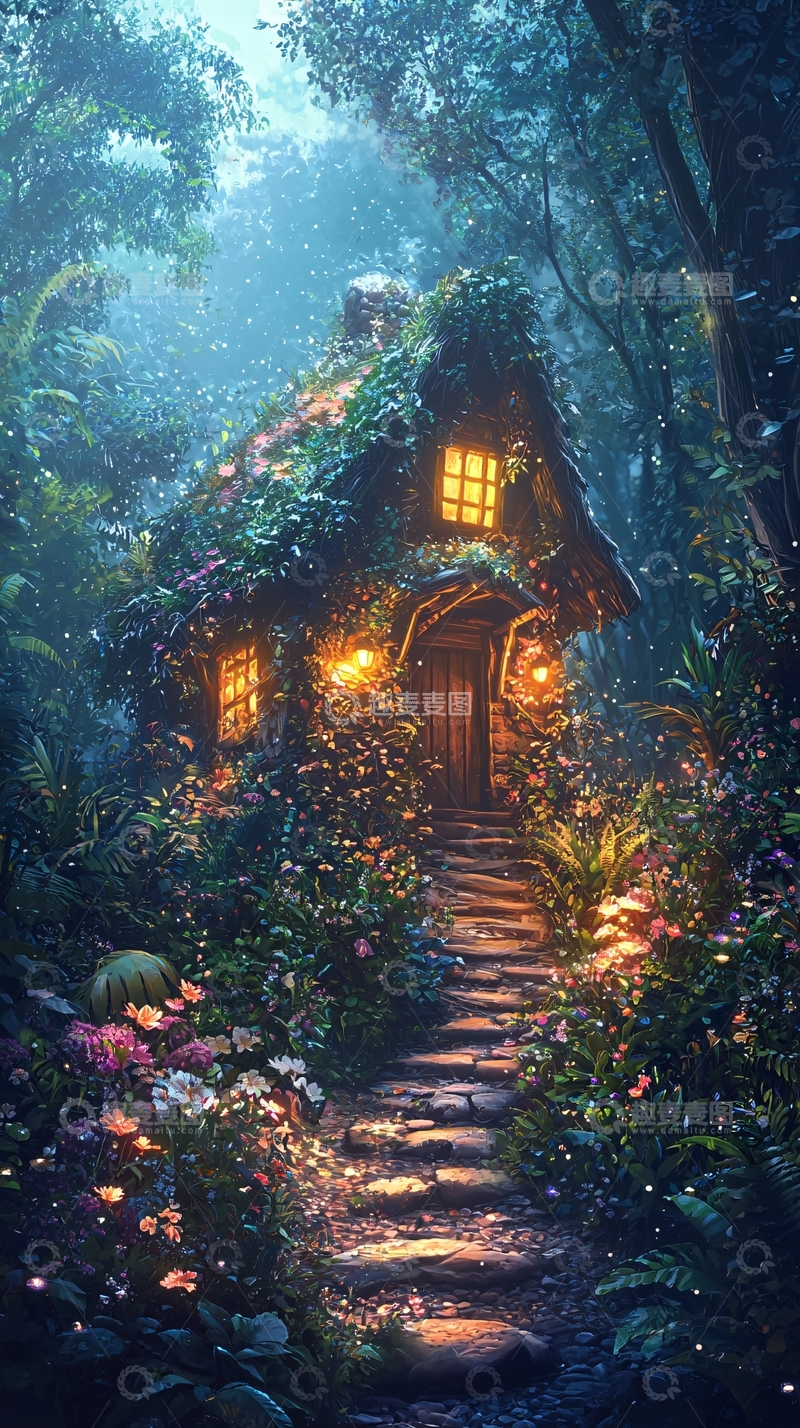 高清大图下载【趣麦麦图】森林里被植物覆盖的小屋