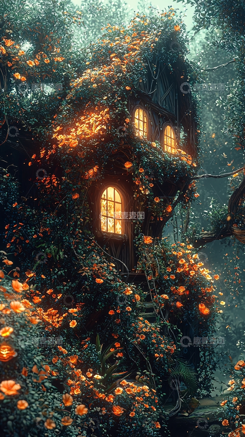高清大图下载【趣麦麦图】森林中被花朵覆盖的小屋