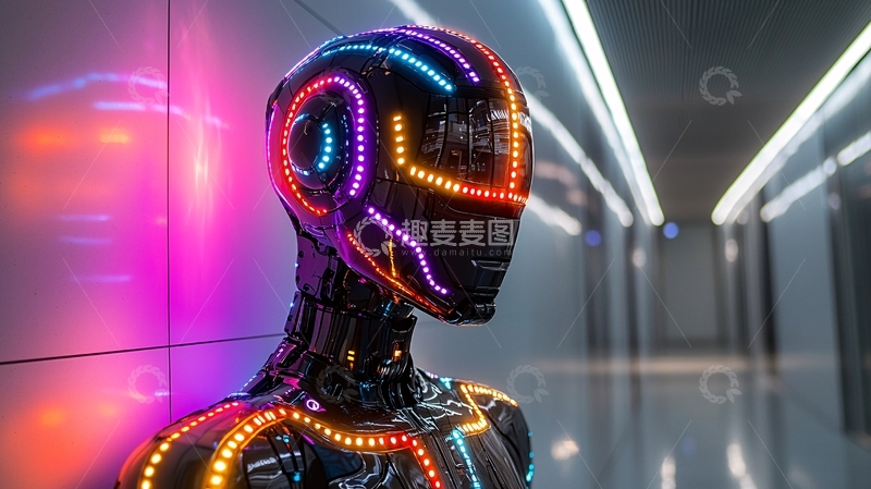 高清大图下载【趣麦麦图】炫彩灯光下的机器人头部