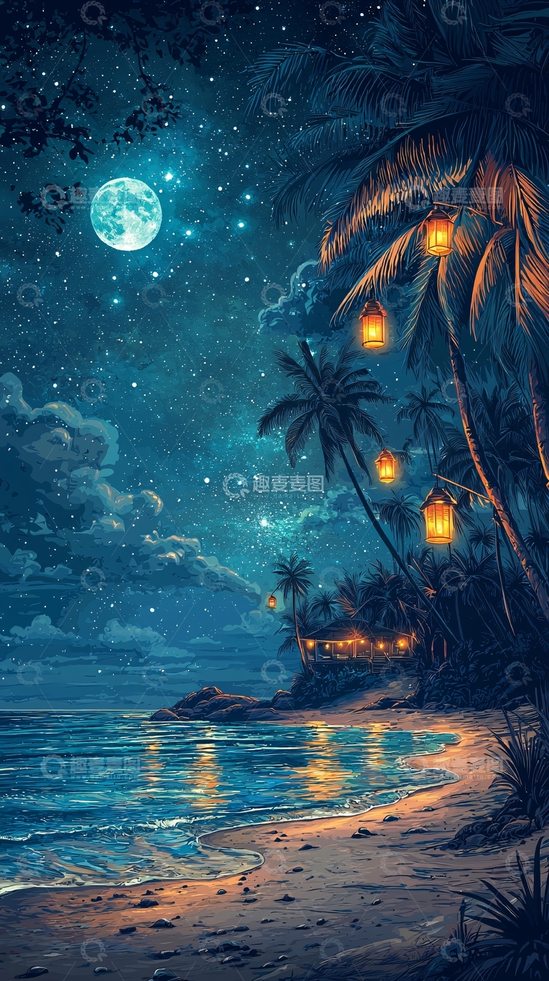 高清大图下载【趣麦麦图】星空大海椰树