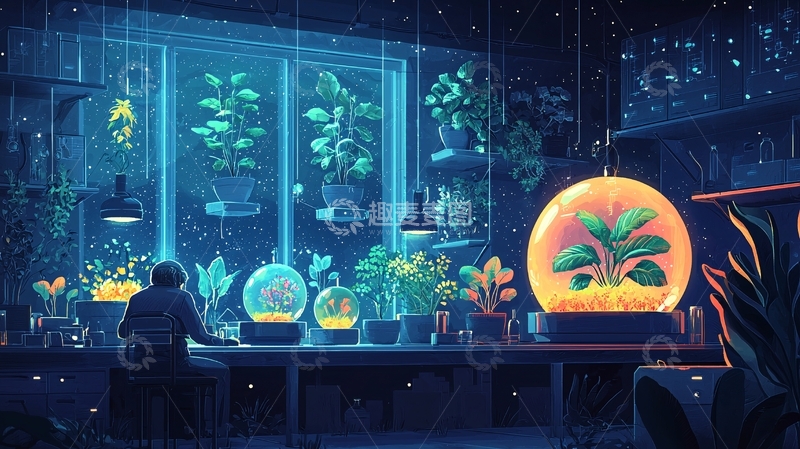 高清大图下载【趣麦麦图】夜晚植物实验室