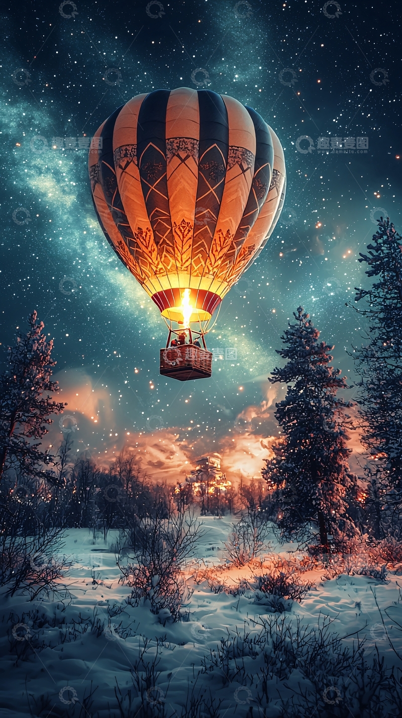高清大图下载【趣麦麦图】热气球在星夜飞翔