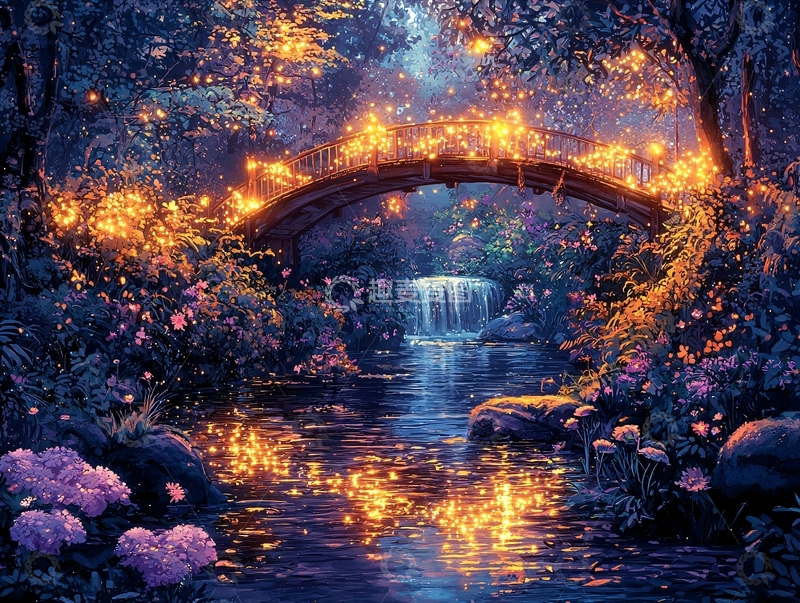 高清大图下载【趣麦麦图】梦幻森林小桥流水夜景