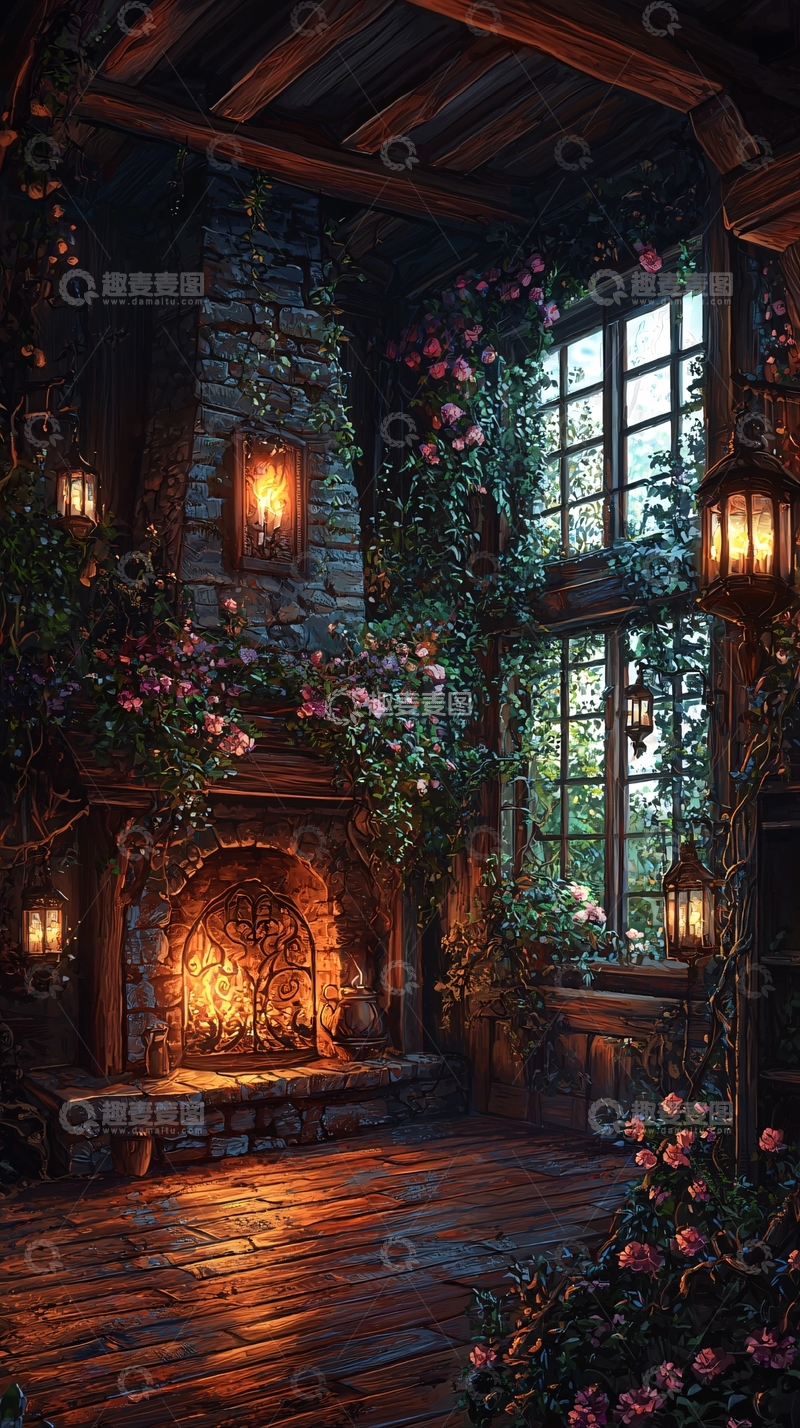 高清大图下载【趣麦麦图】温馨小屋壁炉鲜花环绕