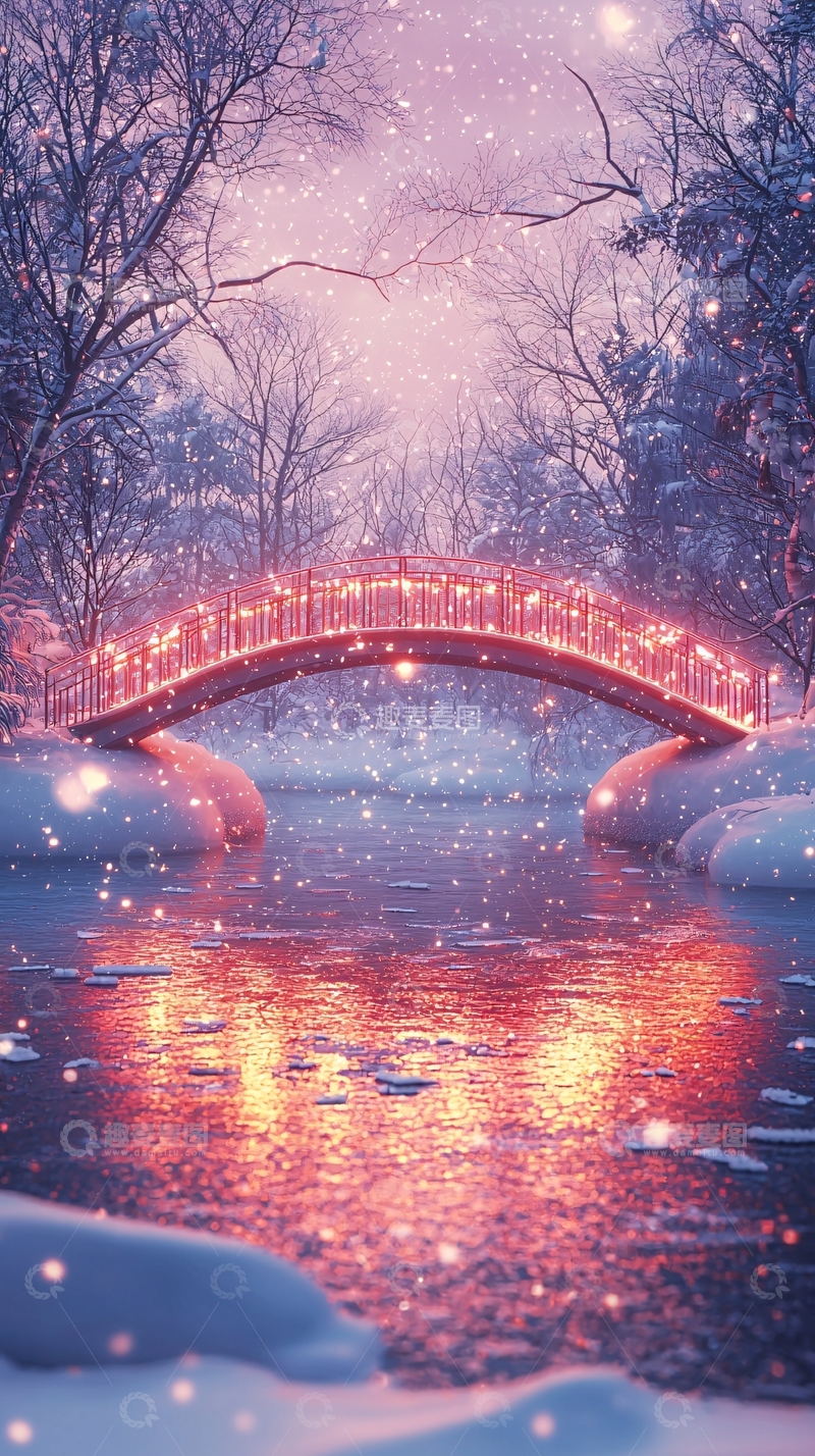 高清大图下载【趣麦麦图】冬日雪景中的温暖桥梁