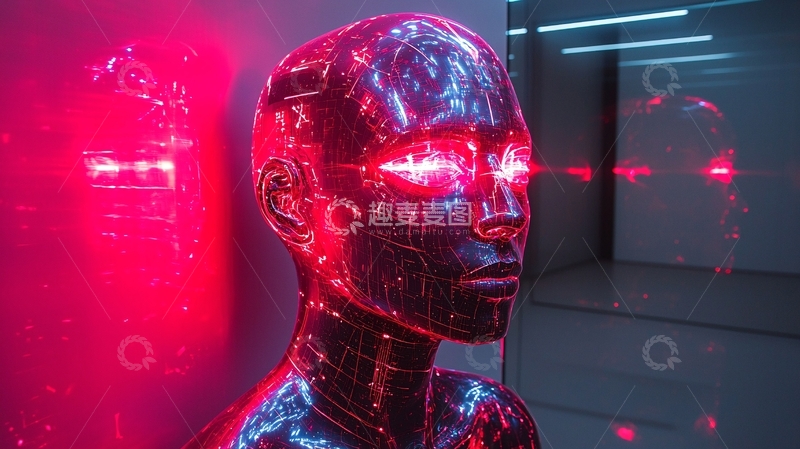 高清大图下载【趣麦麦图】红光照射下的透明机器人头部