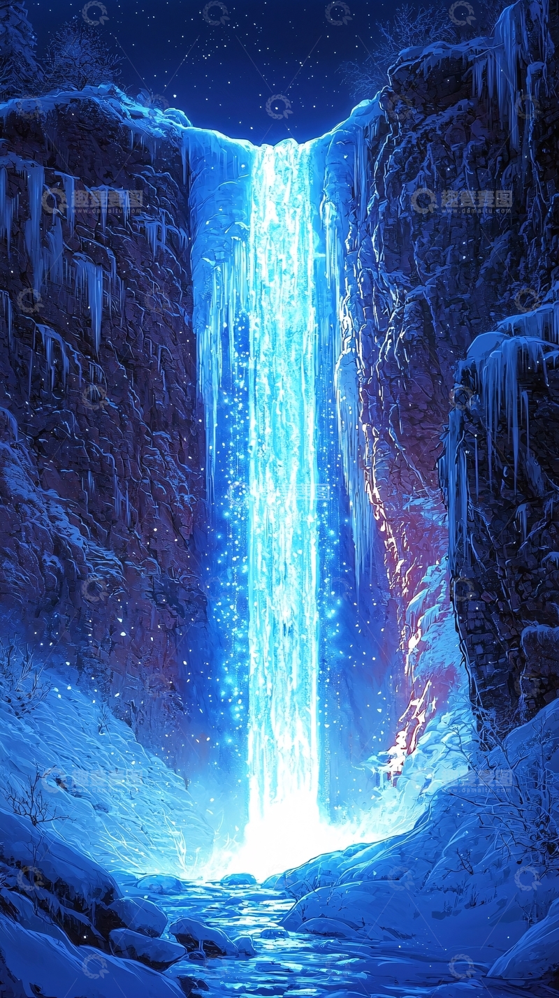 高清大图下载【趣麦麦图】冰雪覆盖的蓝色瀑布