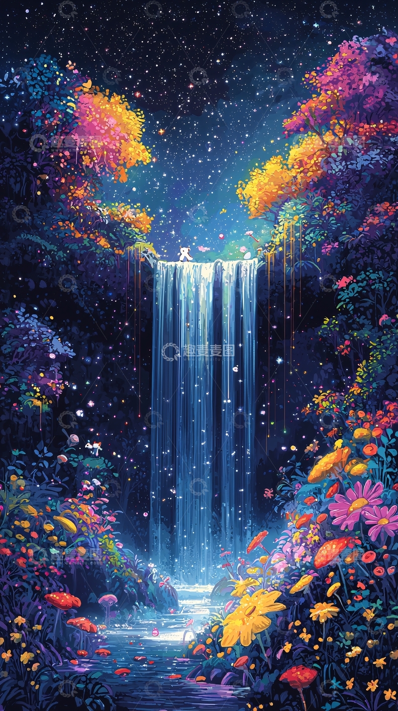 高清大图下载【趣麦麦图】梦幻星空下的瀑布