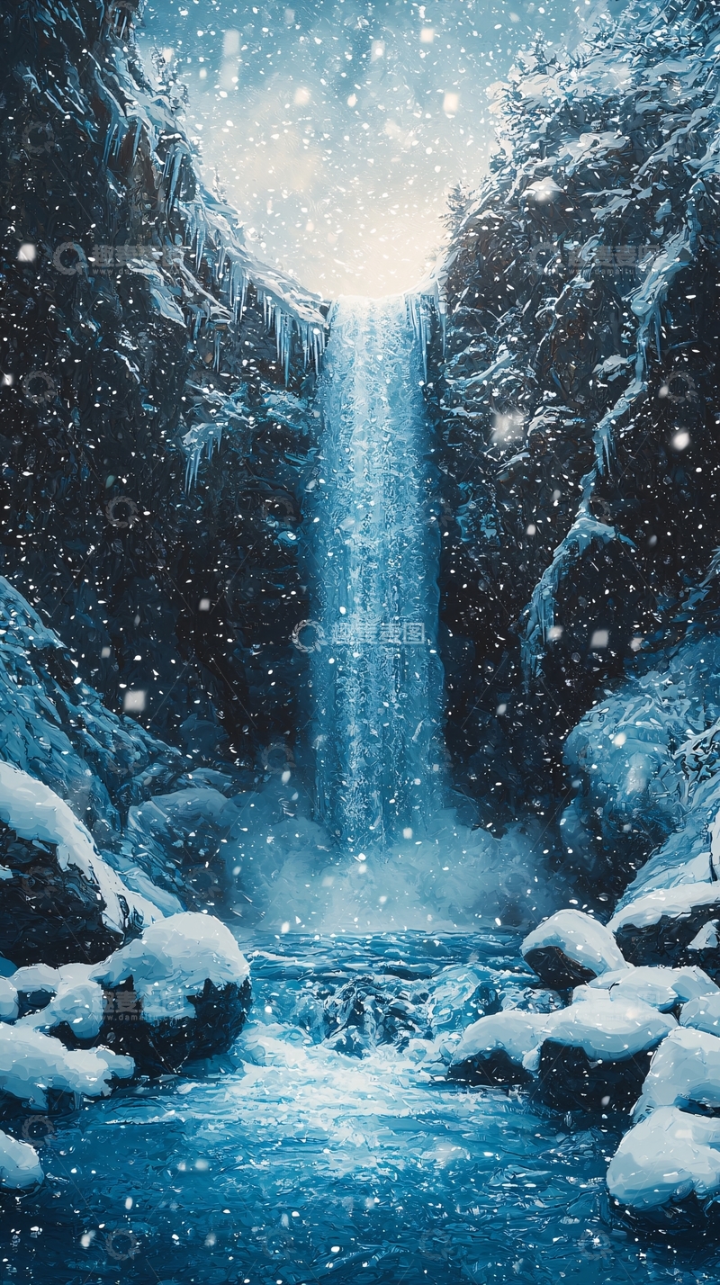 高清大图下载【趣麦麦图】冬日瀑布雪景如画