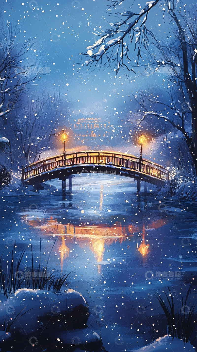 高清大图下载【趣麦麦图】冬夜雪景桥