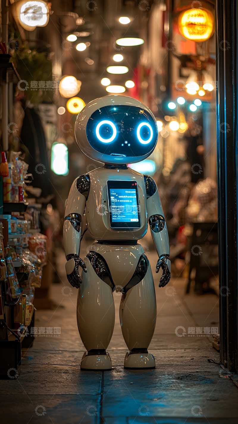 高清大图下载【趣麦麦图】可爱机器人夜市
