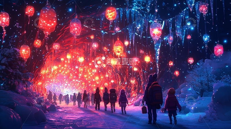 高清大图下载【趣麦麦图】灯笼小路冬夜人群