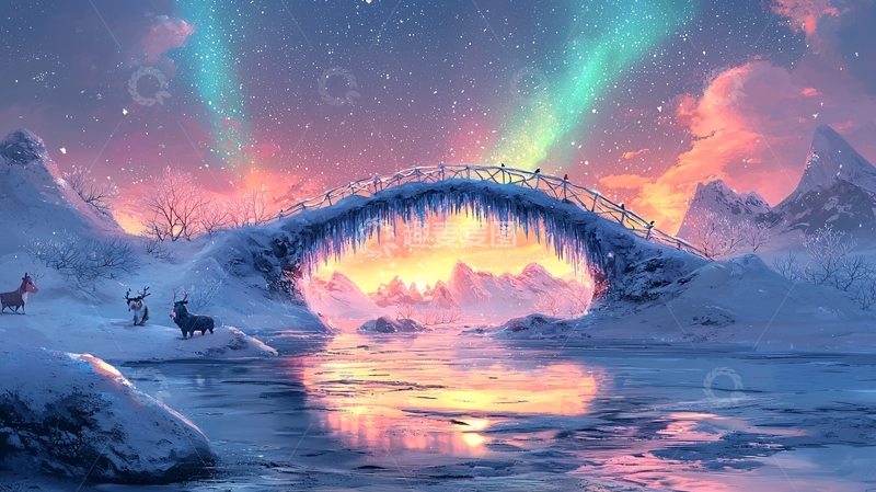 高清大图下载【趣麦麦图】雪地桥梁上的极光