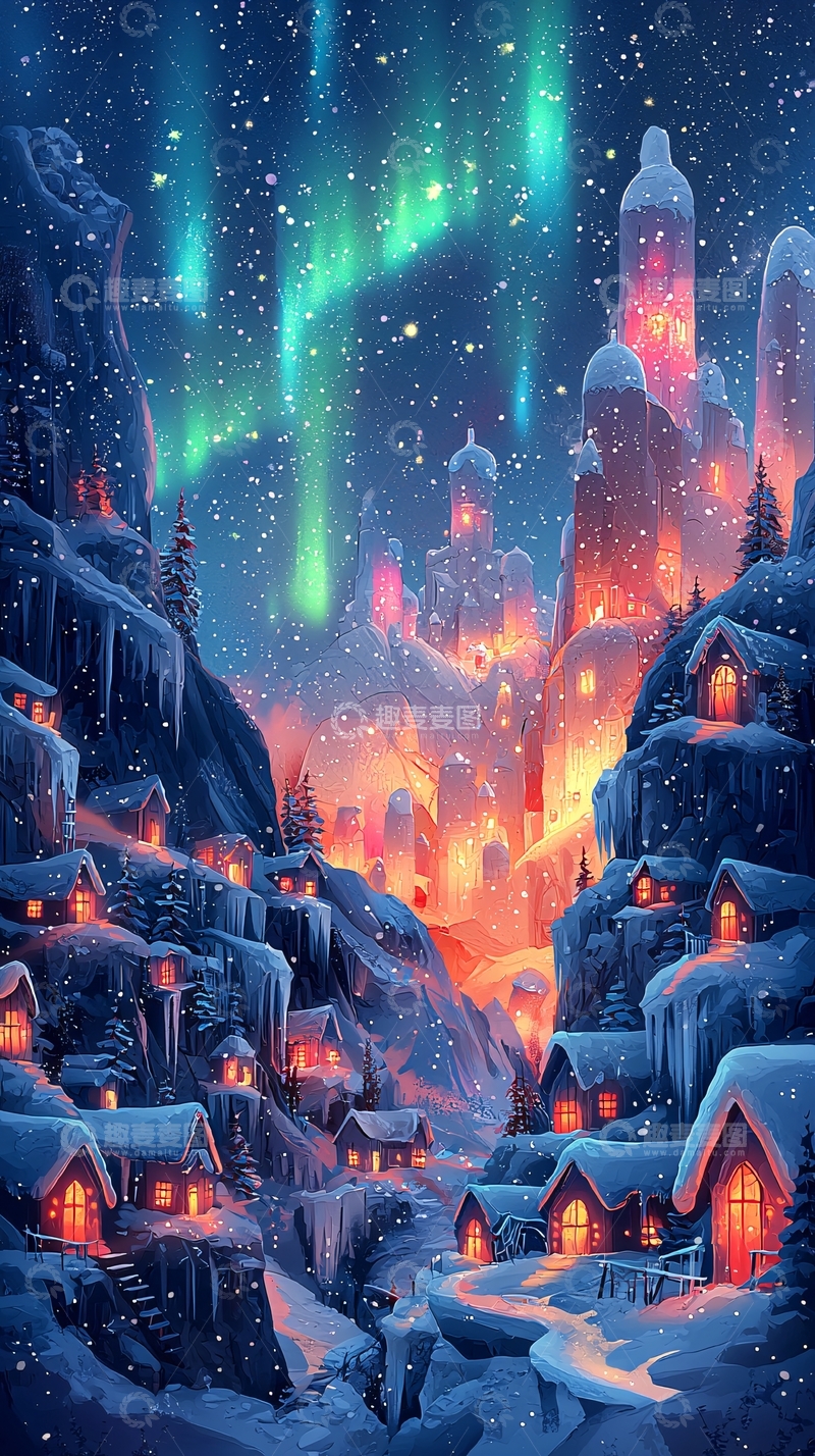 高清大图下载【趣麦麦图】极光下的雪山小镇