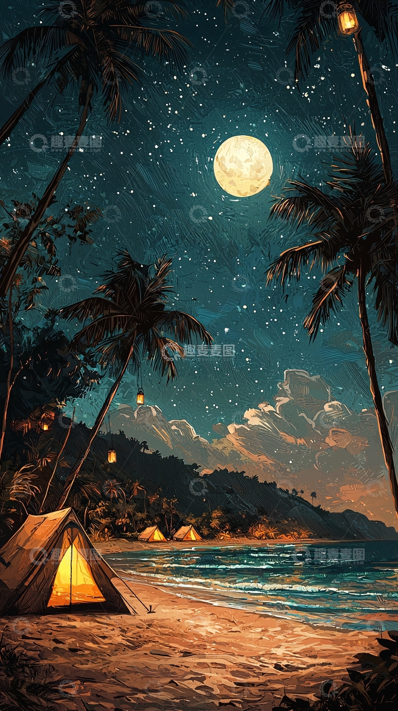 高清大图下载【趣麦麦图】热带海滩夜晚星空露营