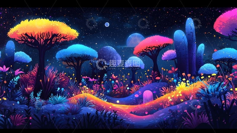 高清大图下载【趣麦麦图】梦幻霓虹发光森林