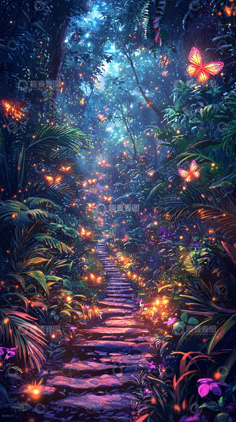 高清大图下载【趣麦麦图】萤火虫蝴蝶森林小路