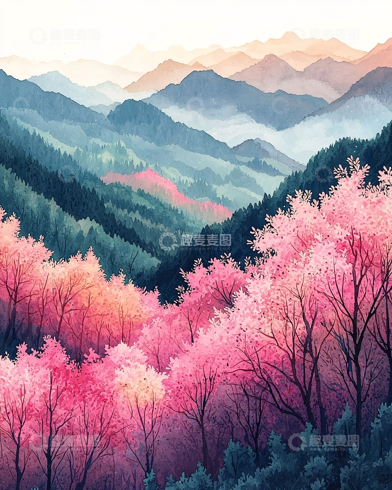 高清大图下载【趣麦麦图】粉色花树下的山水画