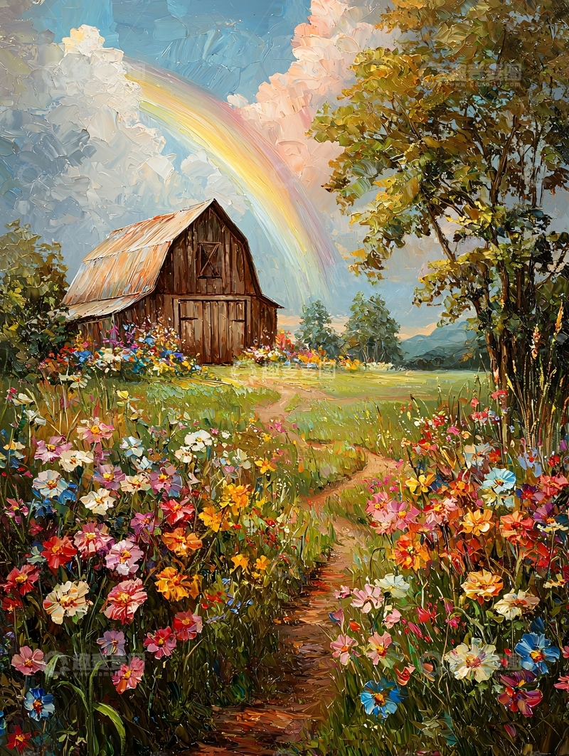 高清大图下载【趣麦麦图】彩虹下的乡间木屋