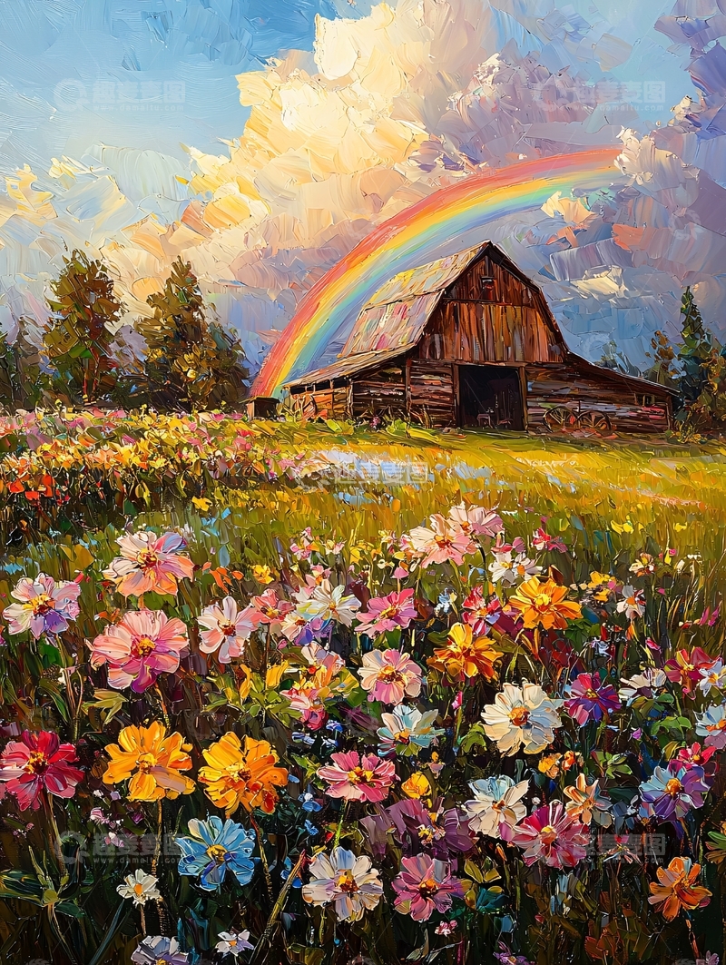 高清大图下载【趣麦麦图】彩虹下的木屋田园