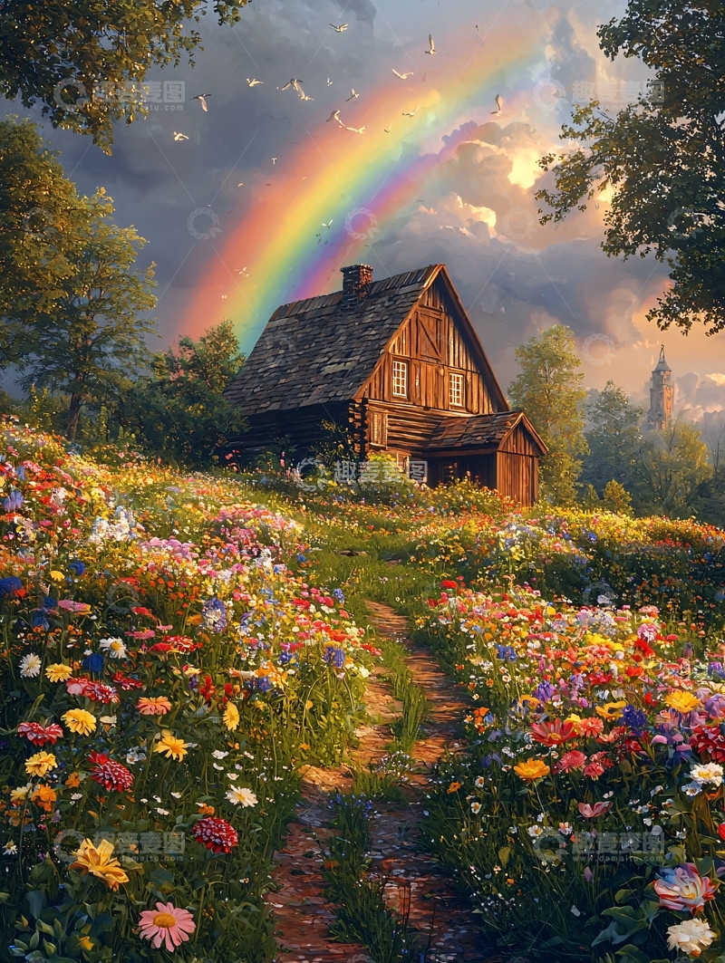 高清大图下载【趣麦麦图】彩虹下的乡村小屋