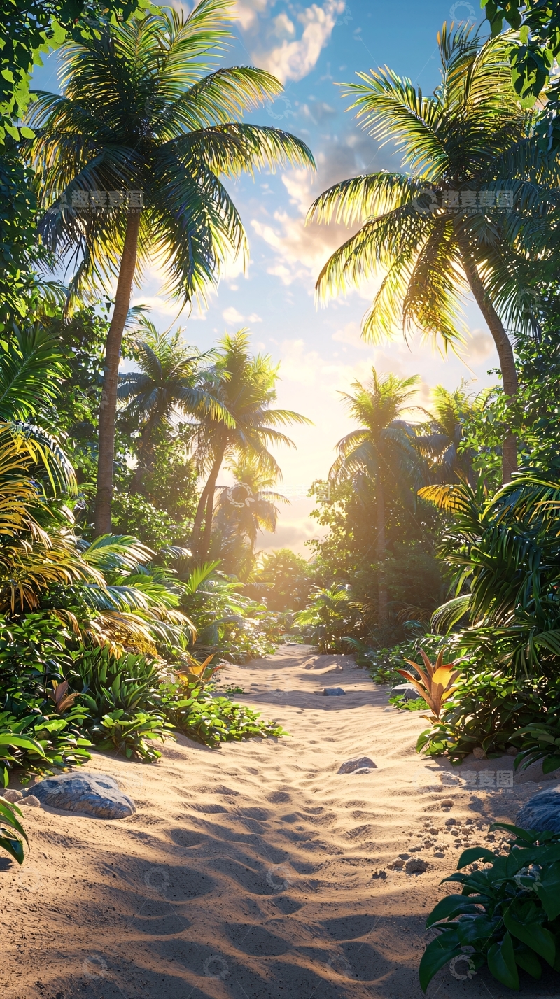 高清大图下载【趣麦麦图】阳光透过棕榈树林