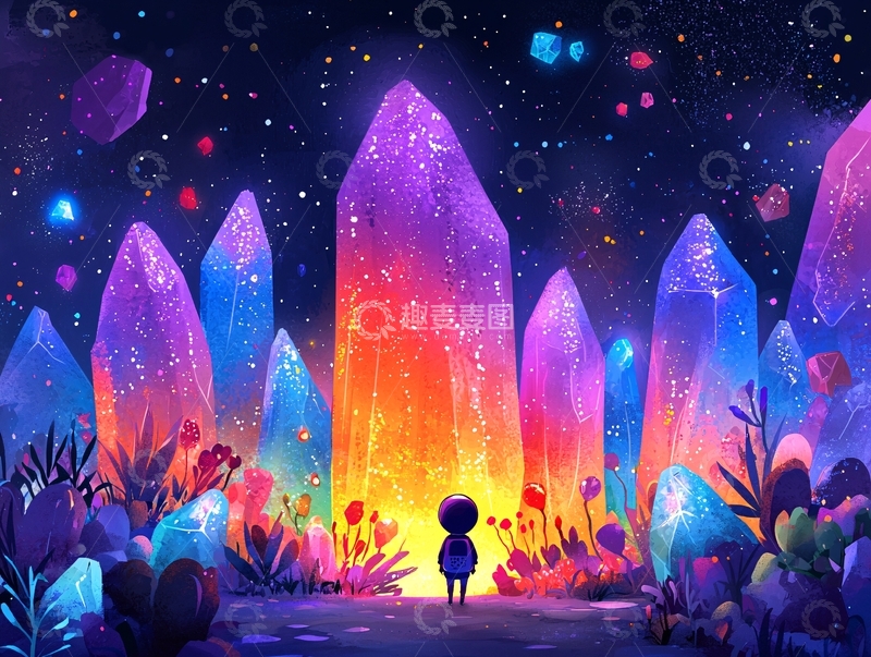 高清大图下载【趣麦麦图】奇幻水晶夜景插画