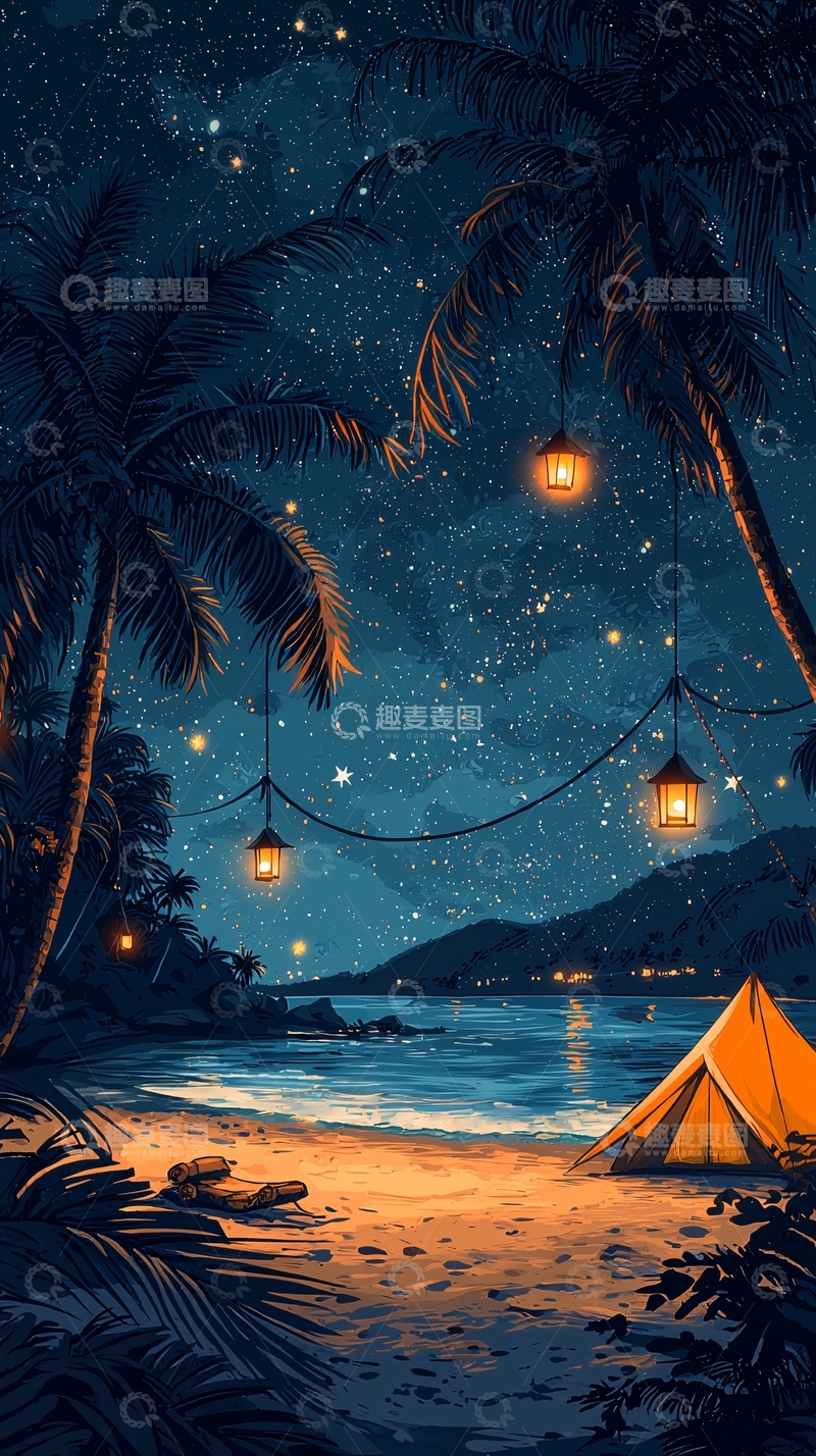 高清大图下载【趣麦麦图】海边星空下的浪漫露营