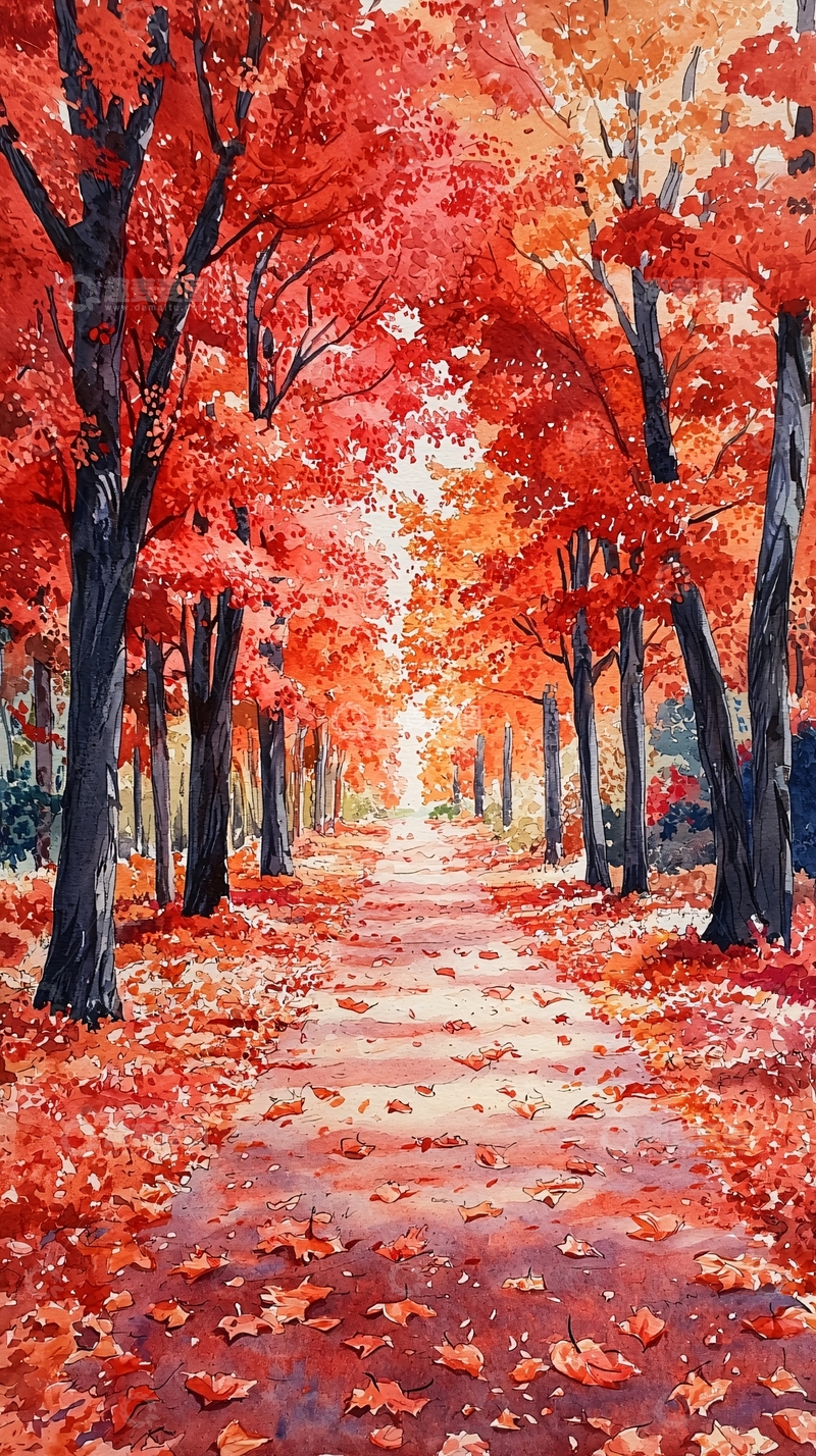 高清大图下载【趣麦麦图】秋日红色枫叶林小路