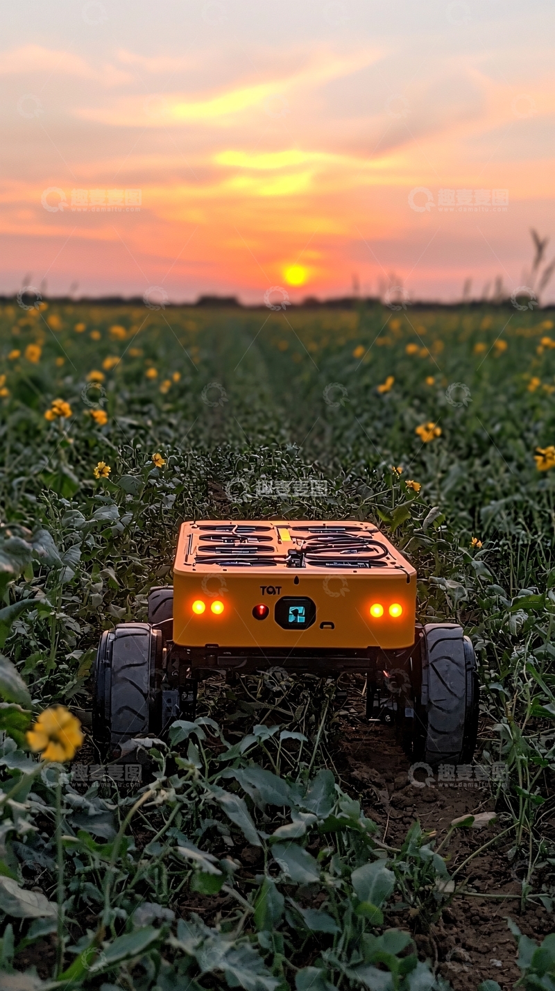 高清大图下载【趣麦麦图】田野日落下的黄色机器人