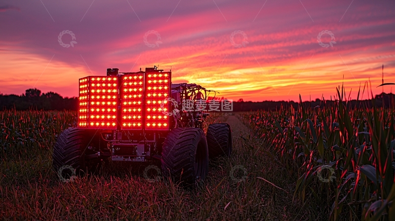 高清大图下载【趣麦麦图】夕阳下农田里的红色灯光拖拉机