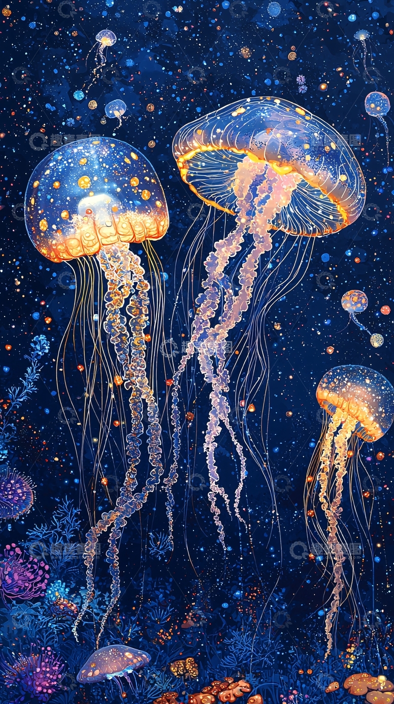 高清大图下载【趣麦麦图】蓝色星空水母群