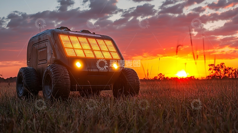 高清大图下载【趣麦麦图】夕阳下田野里的自动驾驶机器人