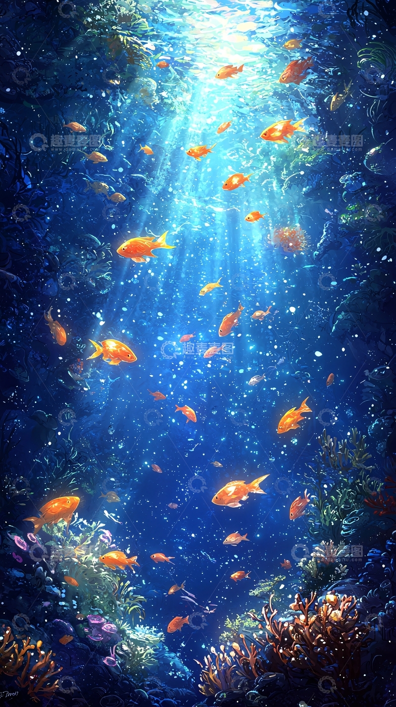 高清大图下载【趣麦麦图】深海鱼群阳光珊瑚礁
