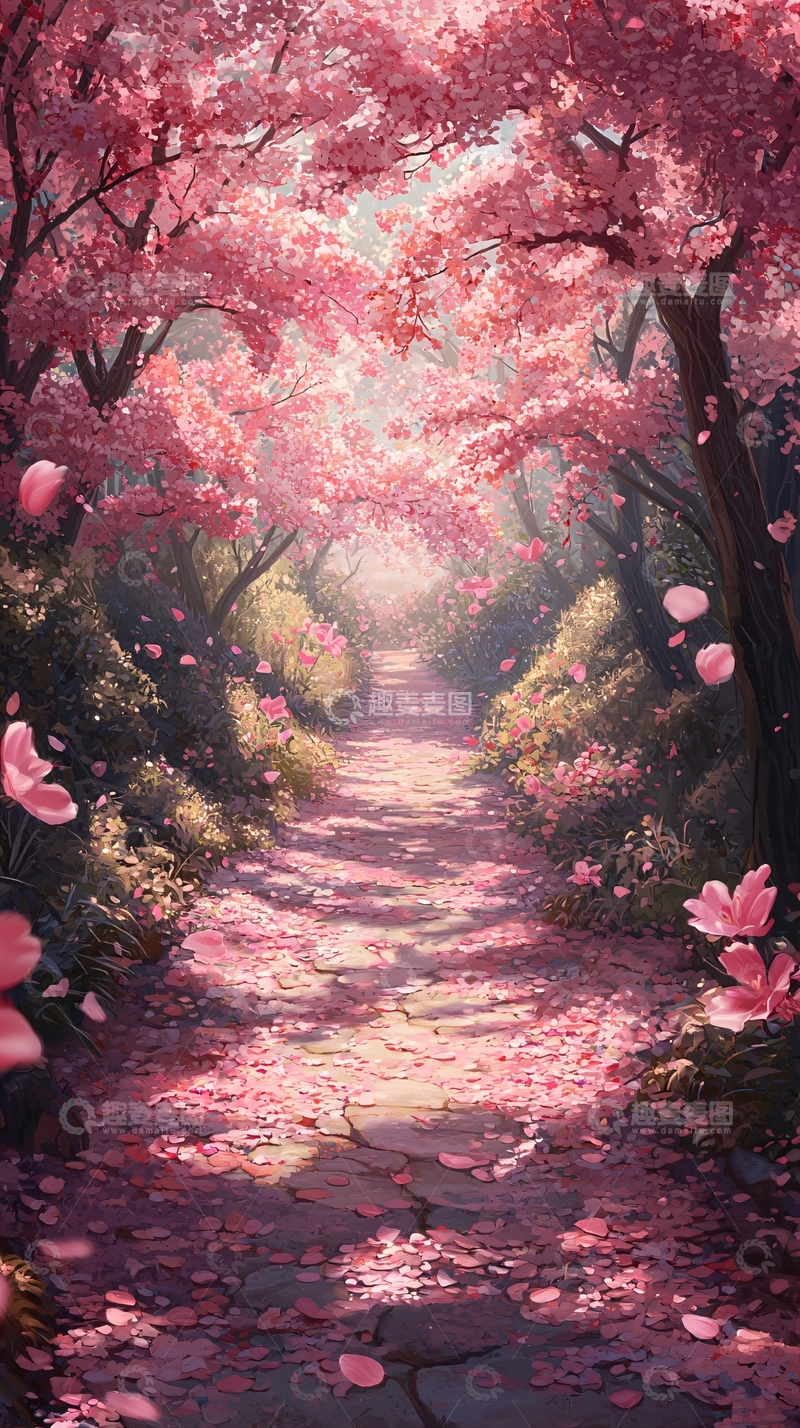 高清大图下载【趣麦麦图】粉色樱花树林小路