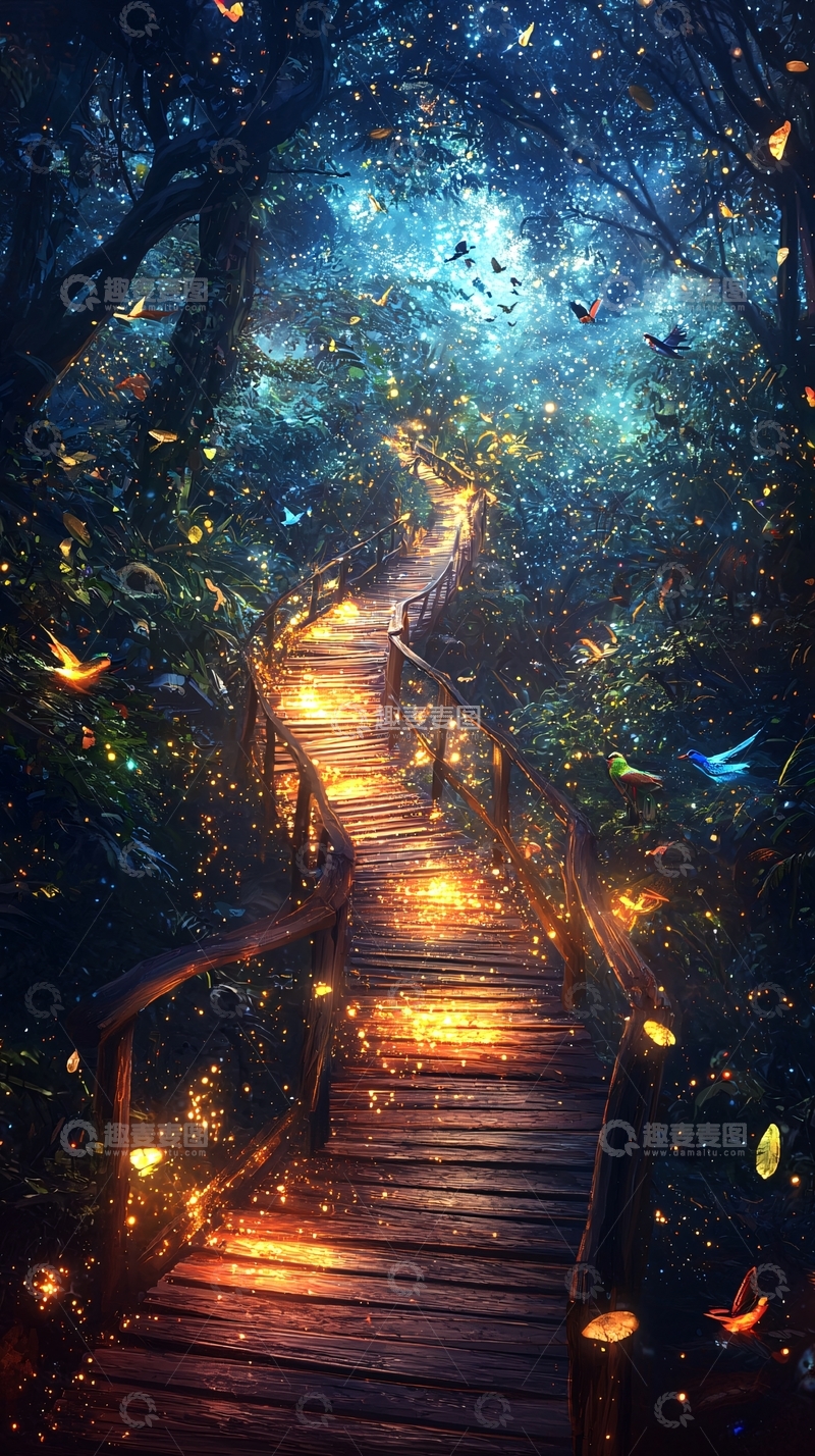 高清大图下载【趣麦麦图】萤火虫森林小路