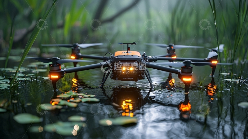 高清大图下载【趣麦麦图】无人机漂浮在沼泽水面