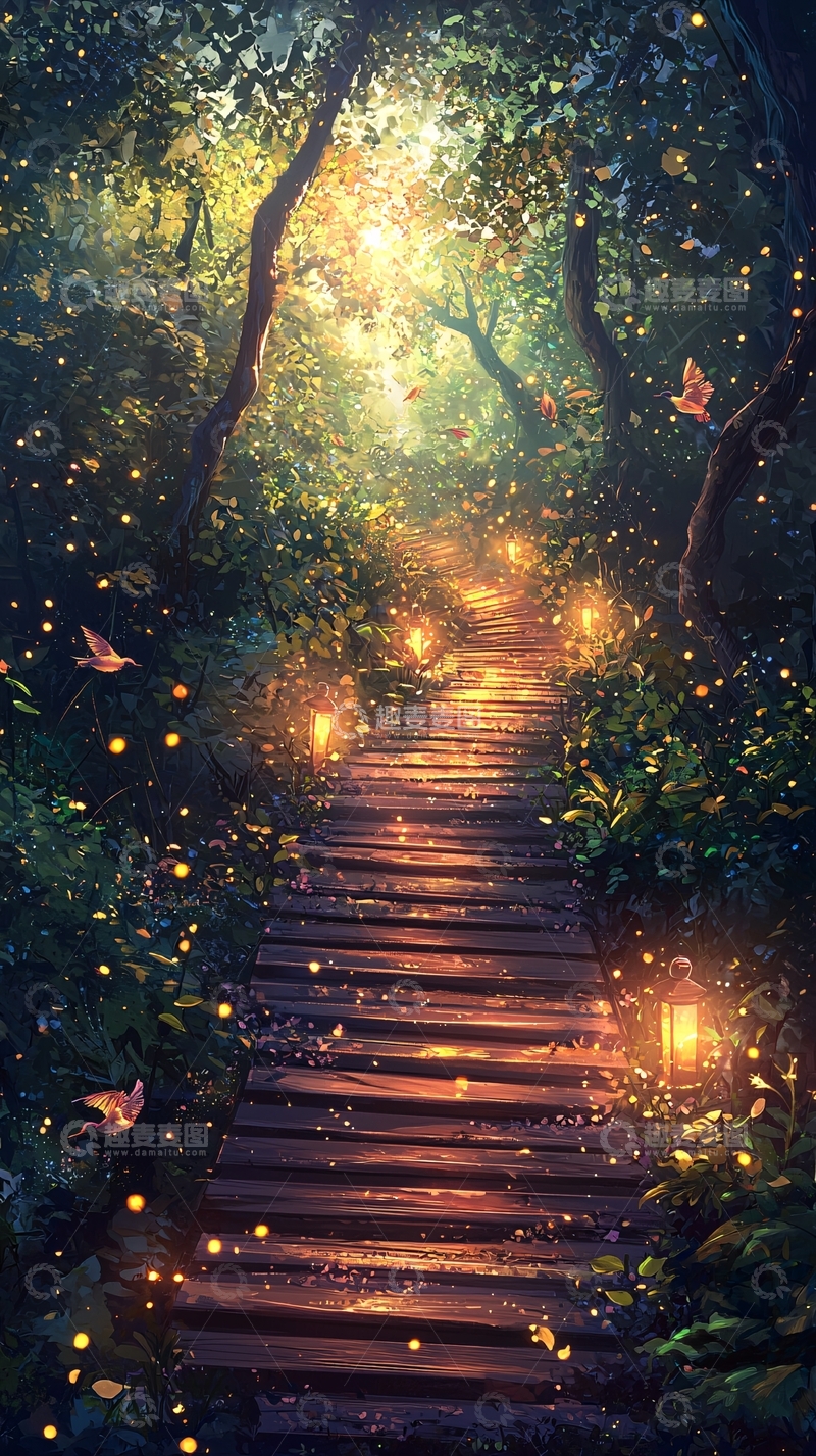 高清大图下载【趣麦麦图】萤火虫森林小路