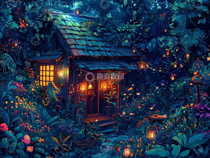 高清大图下载【趣麦麦图】夜晚森林小屋