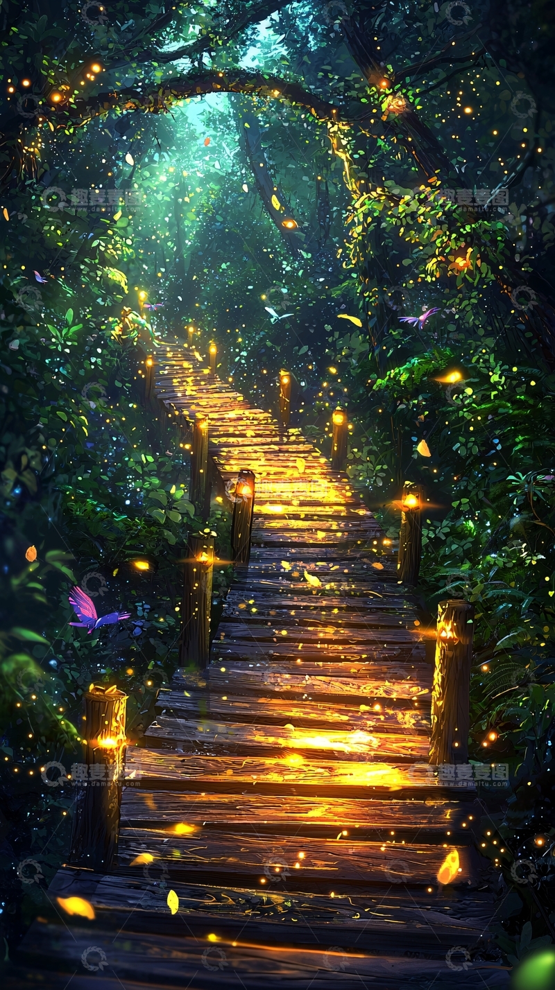 高清大图下载【趣麦麦图】梦幻森林小路夜景