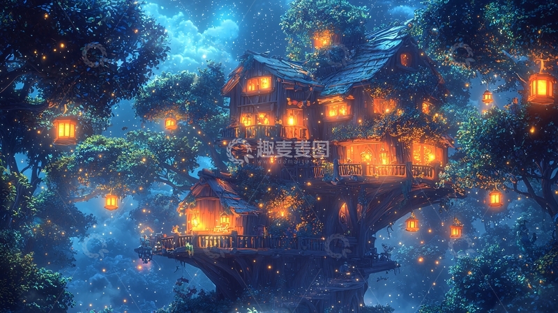 高清大图下载【趣麦麦图】梦幻树屋夜景
