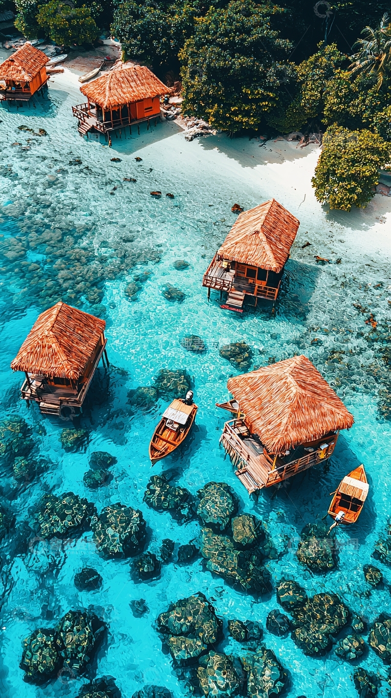 高清大图下载【趣麦麦图】水上茅草屋顶