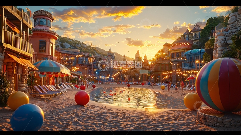 高清大图下载【趣麦麦图】夕阳西下海滩小镇