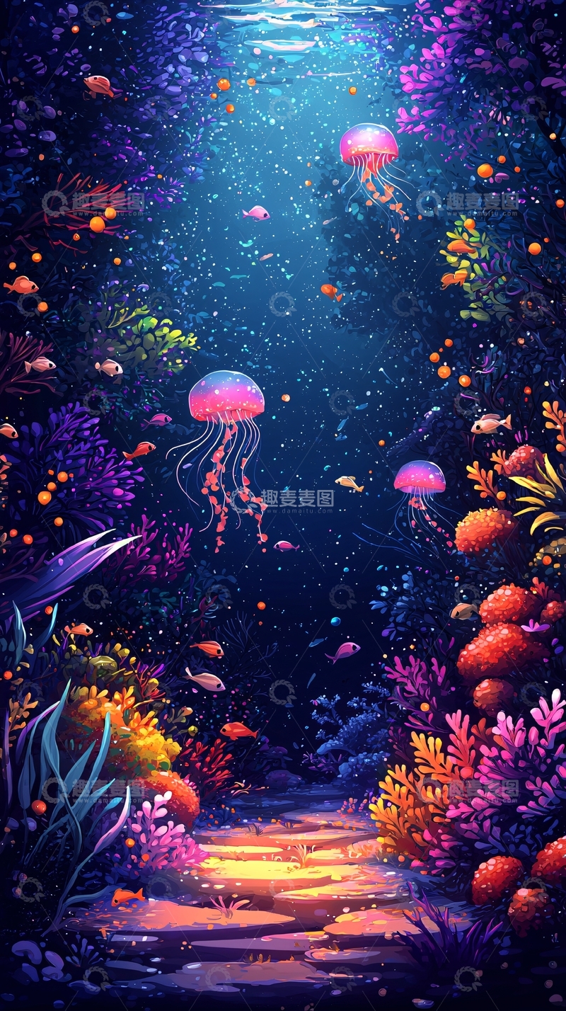 高清大图下载【趣麦麦图】水下梦幻生物发光场景
