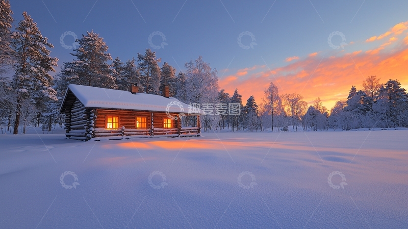 高清大图下载【趣麦麦图】雪夜木屋温暖灯光
