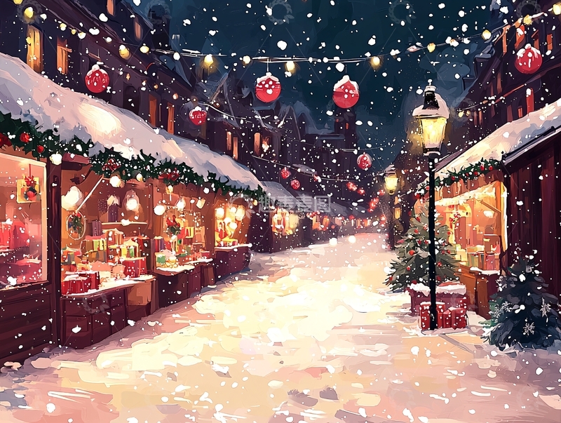 高清大图下载【趣麦麦图】圣诞集市的夜晚雪景