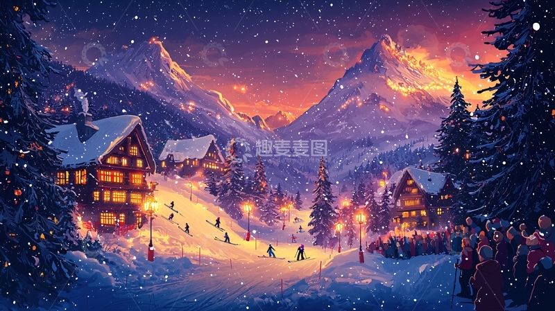 高清大图下载【趣麦麦图】雪山小镇夜景