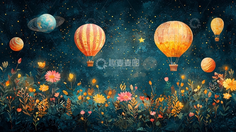 高清大图下载【趣麦麦图】星空热气球花田