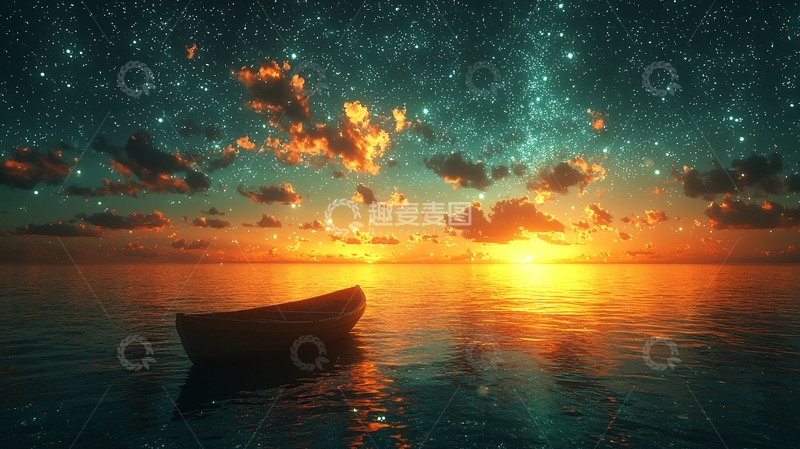 高清大图下载【趣麦麦图】星空大海小船日落