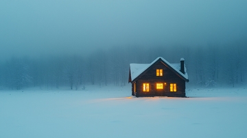 冬夜雪景小屋灯光